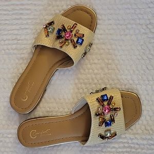 Cato Comfort straw sandals slides faceted jewel accent gold trim Size 7 M NEW…